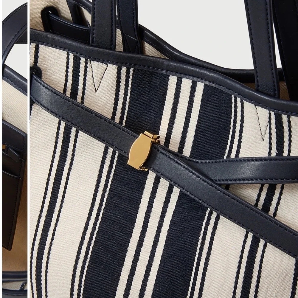Veronica Beard Stripe Canvas Dash Tote Bag Navy White Striped Leather Trim Large